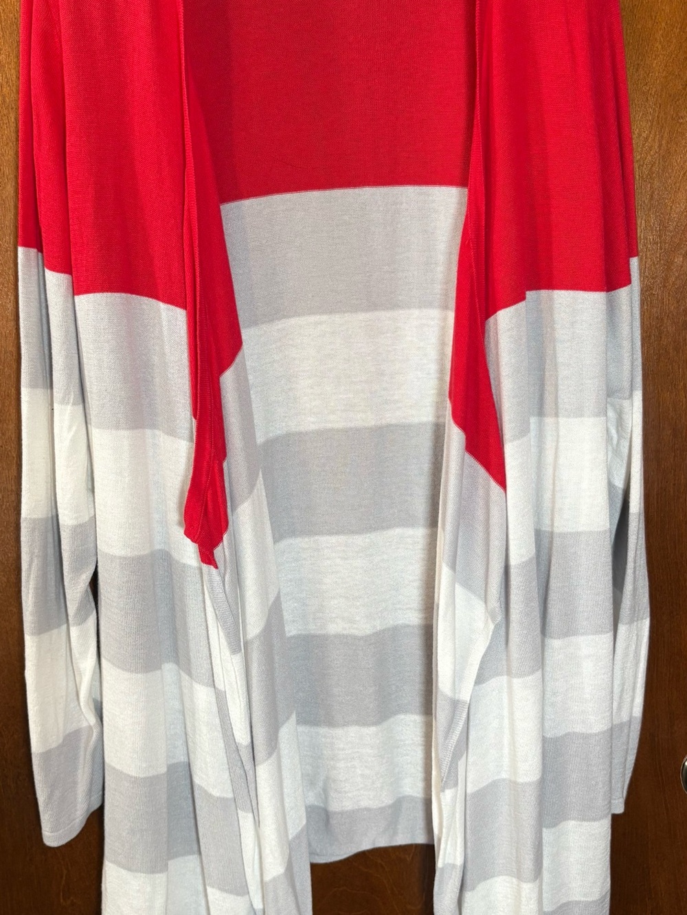 Design History Red, White and Gray Striped Cardigan with Draped Front